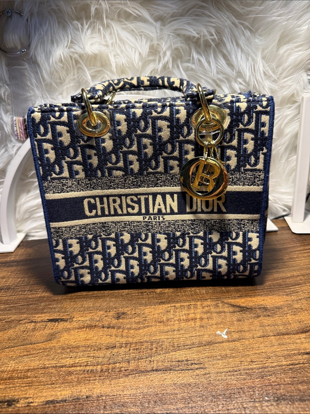 Christian Dior Navy and Cream Jacquard Satchel with Gold Charm